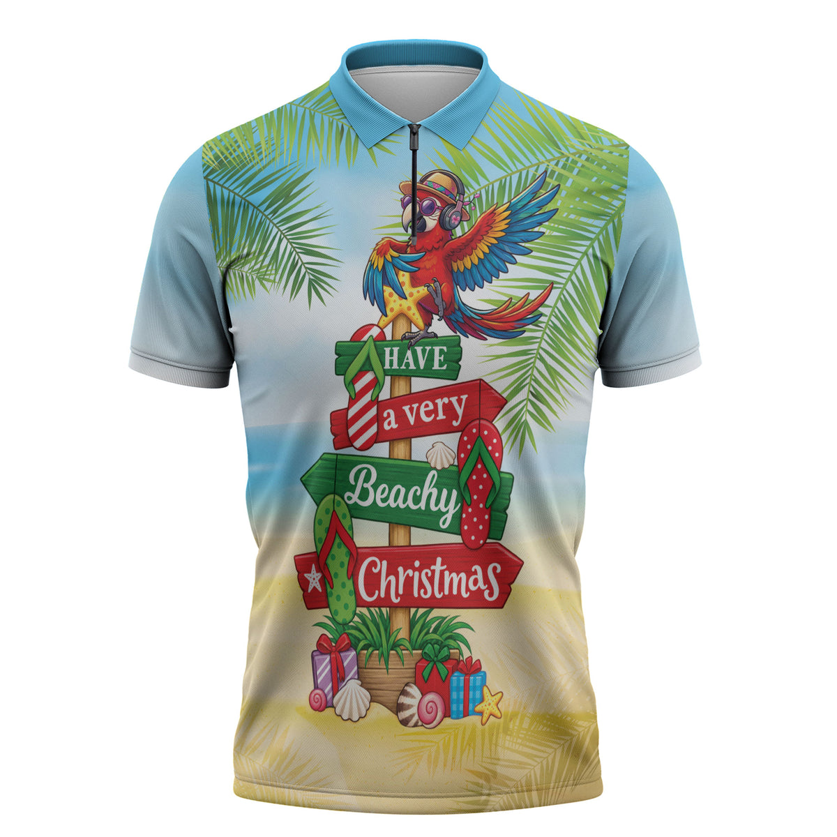Hawaii Christmas Zipper Polo Shirt Have A Very Beachy Christmas LT05 Multicolor - Polynesian Pride