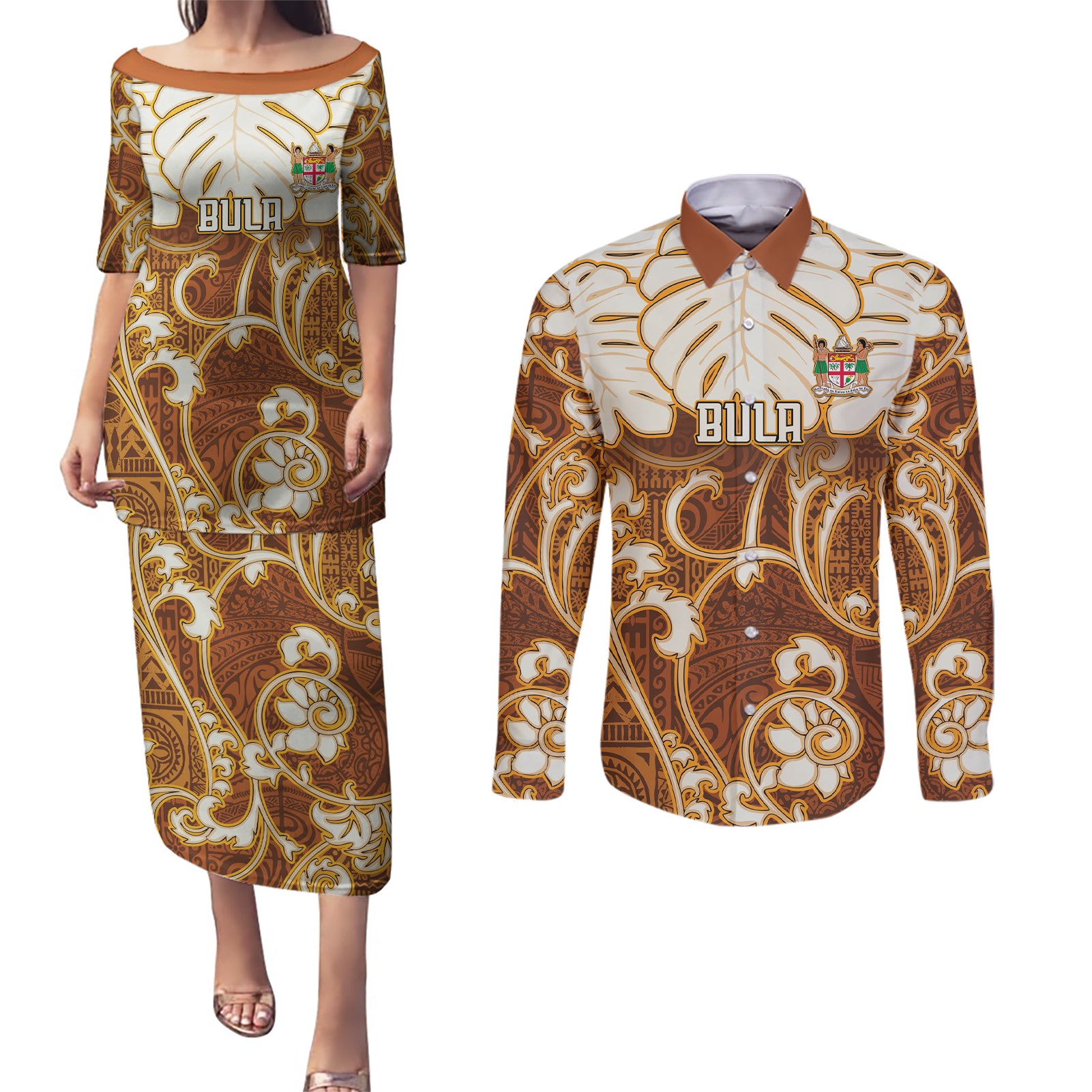 Personalized Fiji Spring Break Couples Matching Puletasi Dress and Long Sleeve Button Shirts Fijian Tapa Pattern Brown LT05 Brown - Polynesian Pride