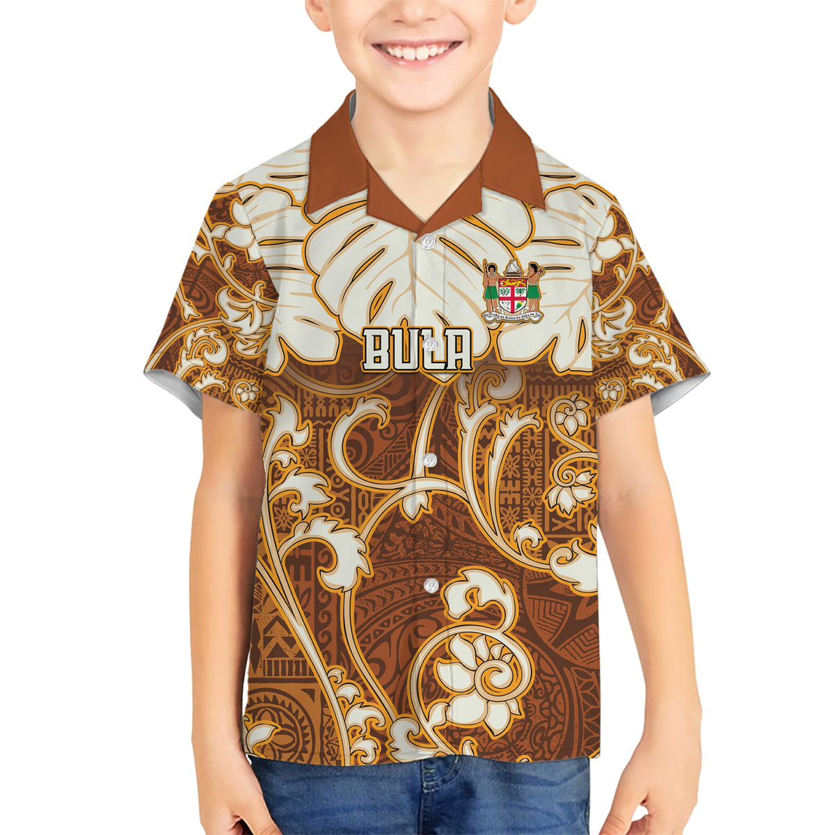 Personalized Fiji Spring Break Kid Hawaiian Shirt Fijian Tapa Pattern Brown LT05 Kid Brown - Polynesian Pride