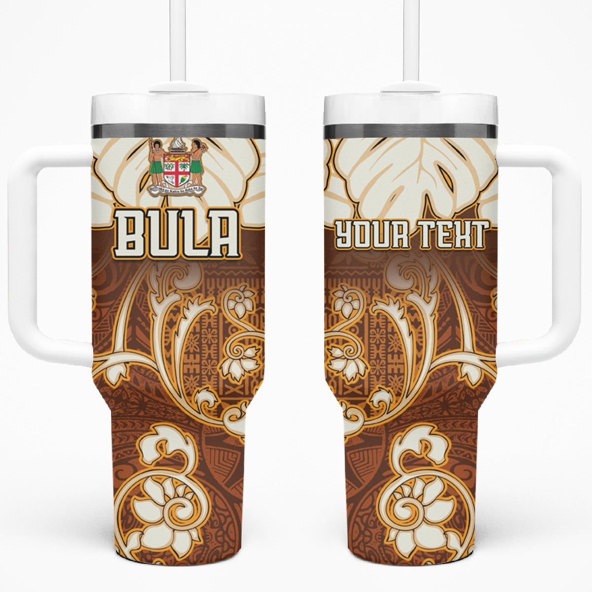 Personalized Fiji Spring Break Tumbler With Handle Fijian Tapa Pattern Brown LT05 One Size: 40 oz Brown - Polynesian Pride