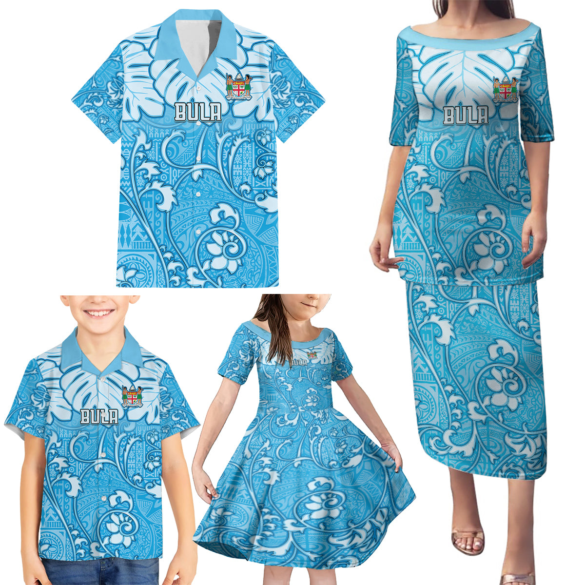 Personalized Fiji Spring Break Family Matching Puletasi Dress and Hawaiian Shirt Fijian Tapa Pattern Blue LT05 - Polynesian Pride