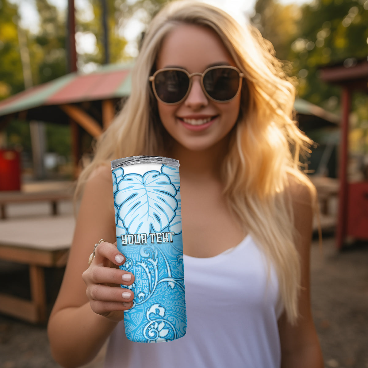Personalized Fiji Spring Break Skinny Tumbler Fijian Tapa Pattern Blue LT05 - Polynesian Pride