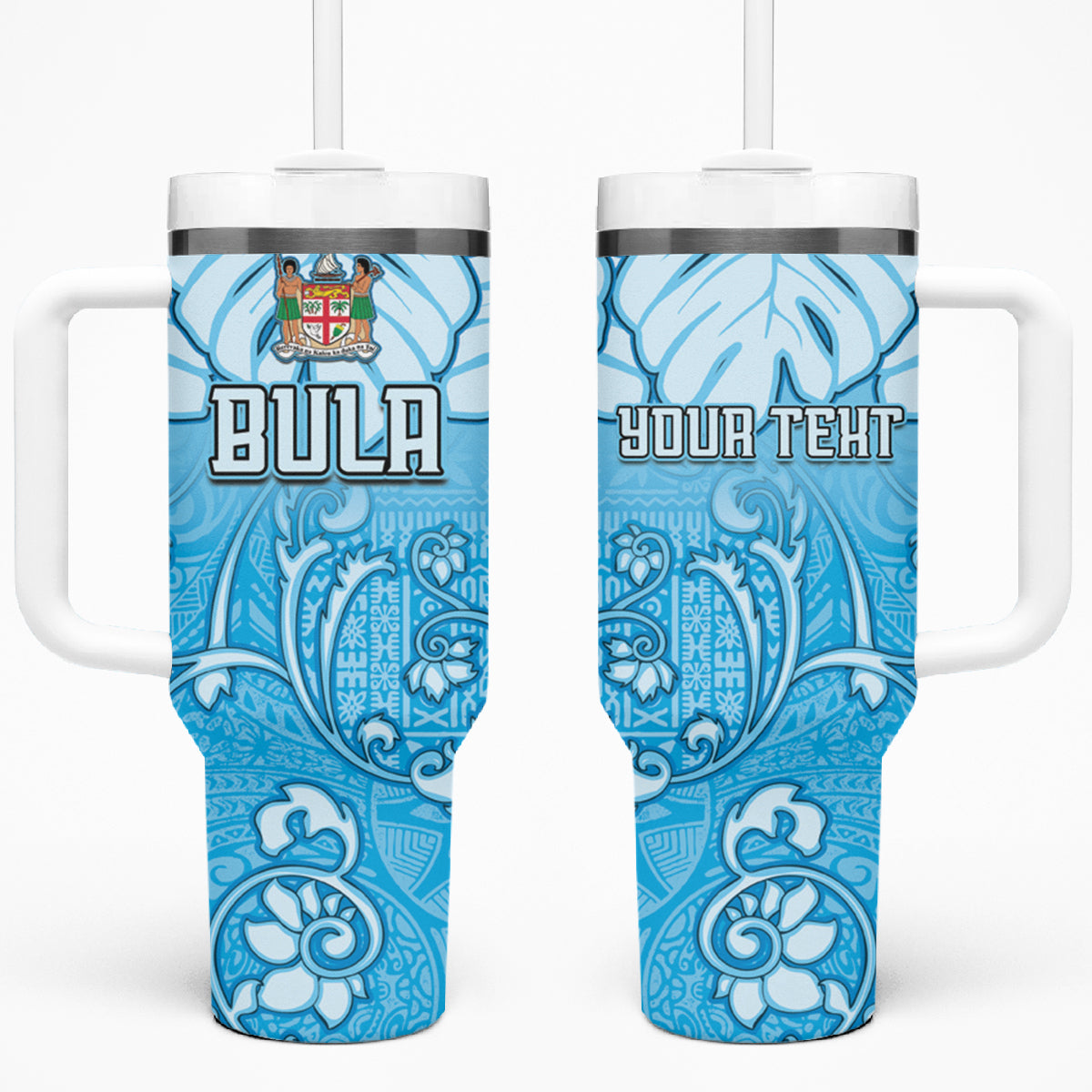 Personalized Fiji Spring Break Tumbler With Handle Fijian Tapa Pattern Blue