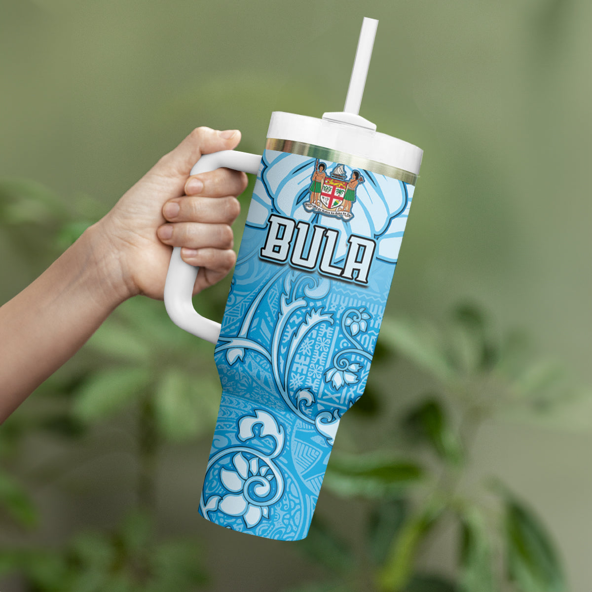 Personalized Fiji Spring Break Tumbler With Handle Fijian Tapa Pattern Blue LT05 - Polynesian Pride