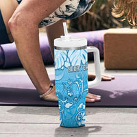 Personalized Fiji Spring Break Tumbler With Handle Fijian Tapa Pattern Blue LT05 - Polynesian Pride