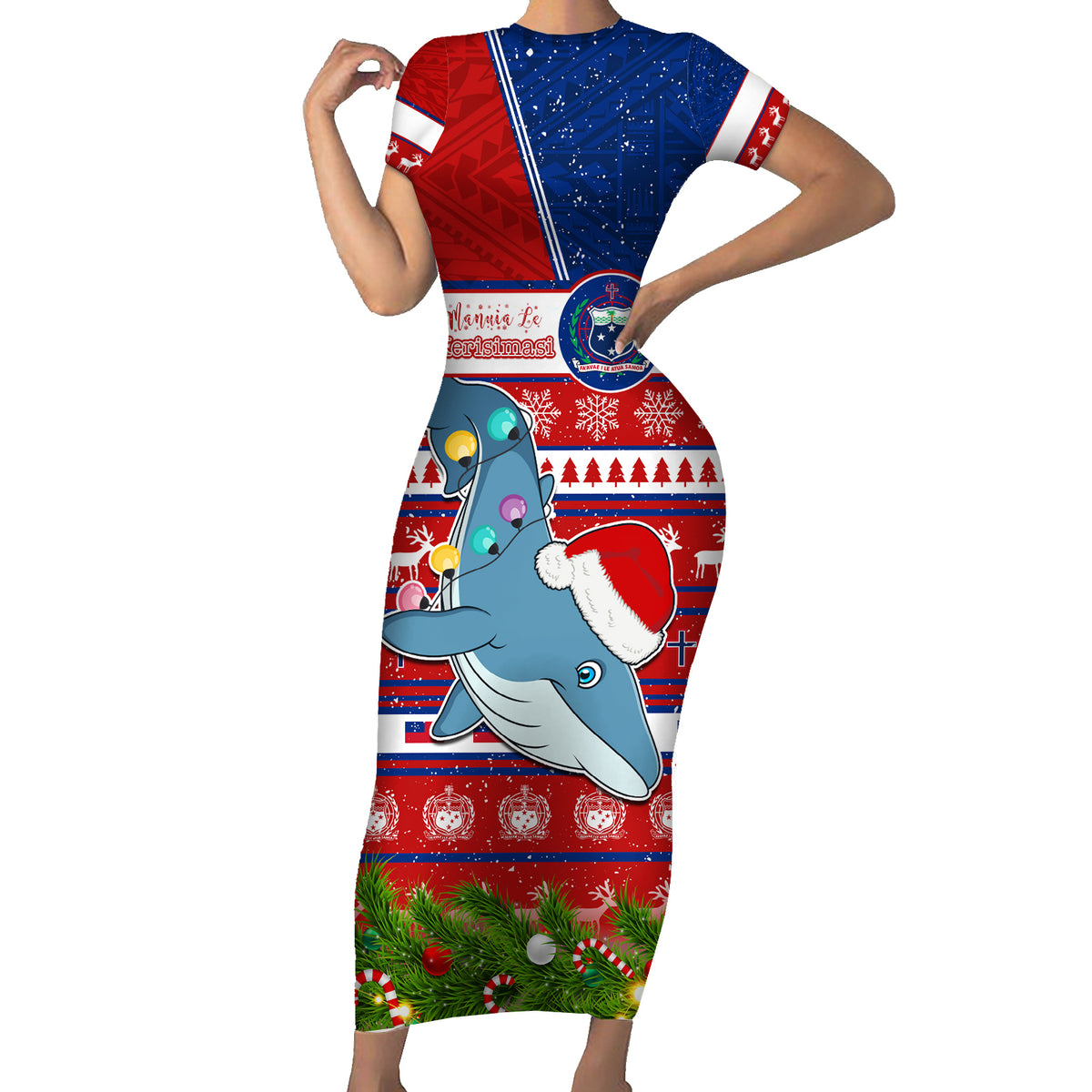 Personalized Samoa Christmas Short Sleeve Bodycon Dress Santas Whale Manuia Le Kerisimasi LT05 Long Dress Red - Polynesian Pride