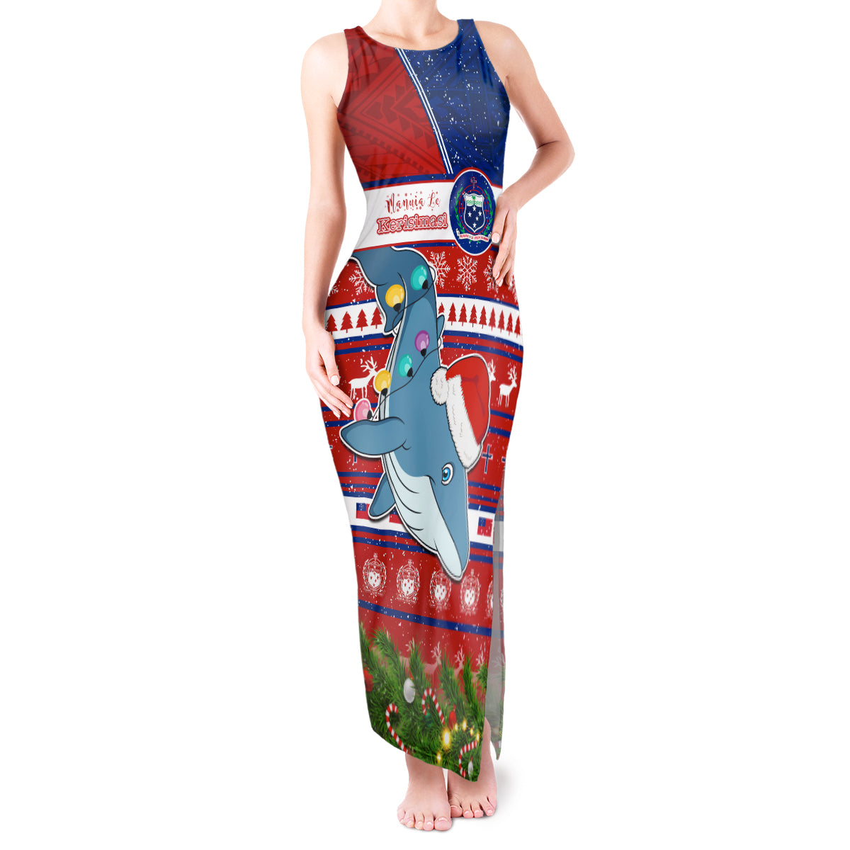 Personalized Samoa Christmas Tank Maxi Dress Santas Whale Manuia Le Kerisimasi LT05 Women Red - Polynesian Pride