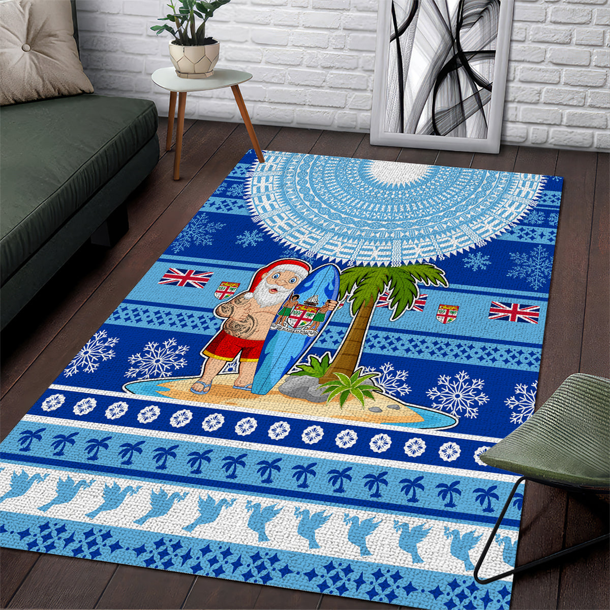 Fiji Christmas Area Rug Santa Claus Surf Marau Na Kerisimasi LT05 Blue - Polynesian Pride