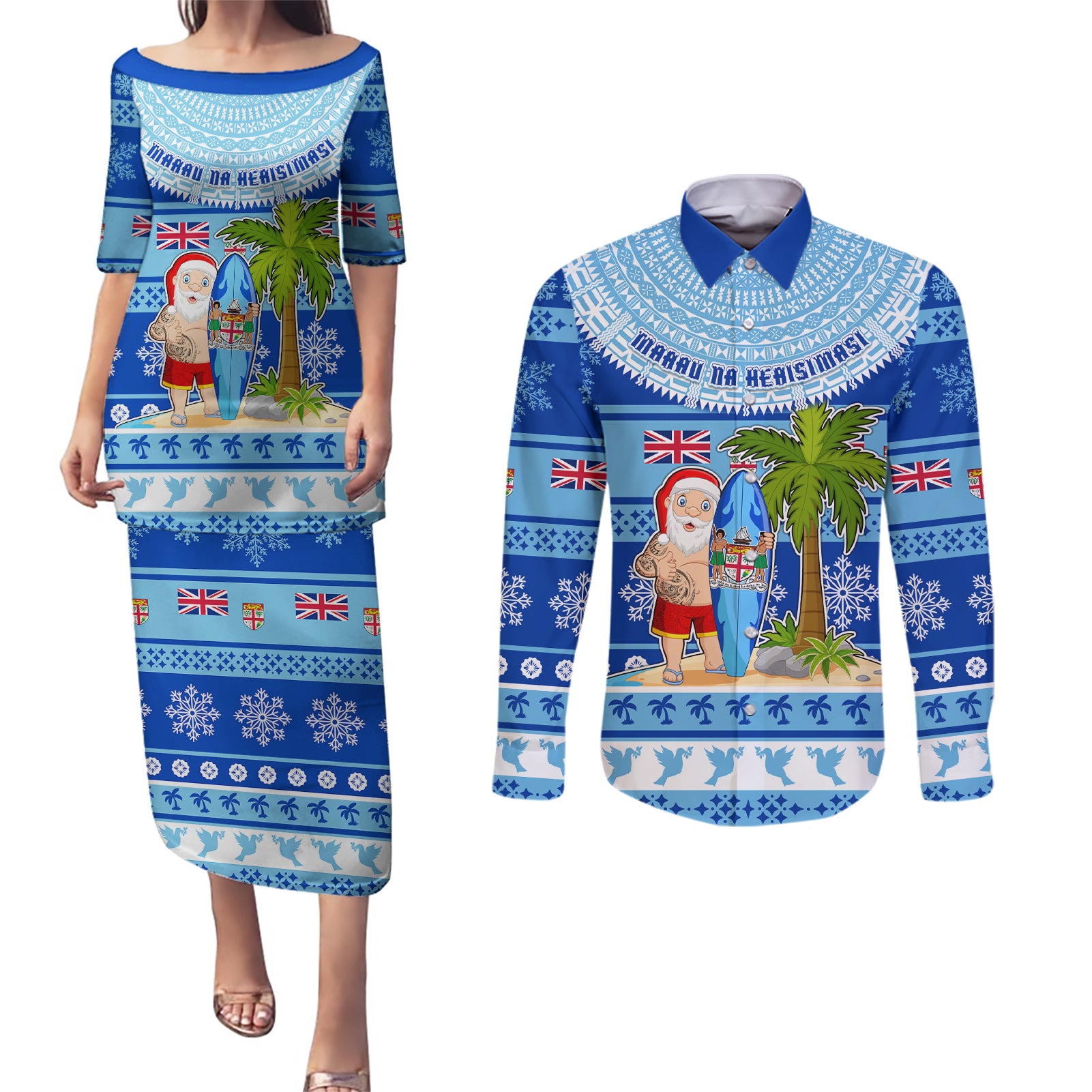 Personalized Fiji Christmas Couples Matching Puletasi Dress and Long Sleeve Button Shirts Santa Claus Surf Marau Na Kerisimasi LT05 Blue - Polynesian Pride