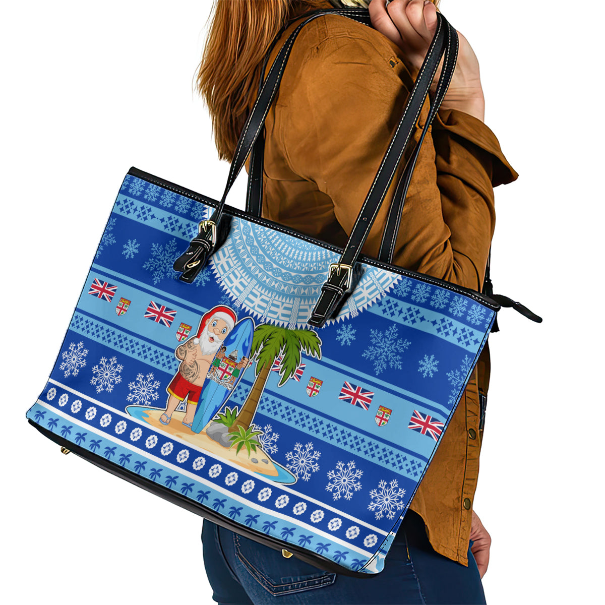 Fiji Christmas Leather Tote Bag Santa Claus Surf Marau Na Kerisimasi LT05 - Polynesian Pride