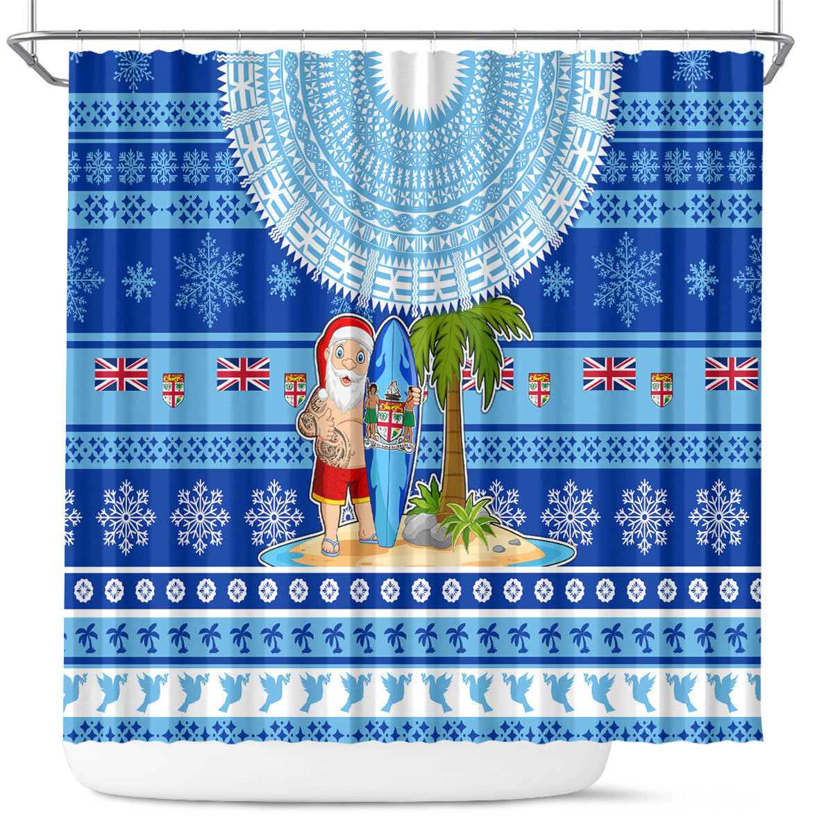 Fiji Christmas Shower Curtain Santa Claus Surf Marau Na Kerisimasi LT05 Blue - Polynesian Pride