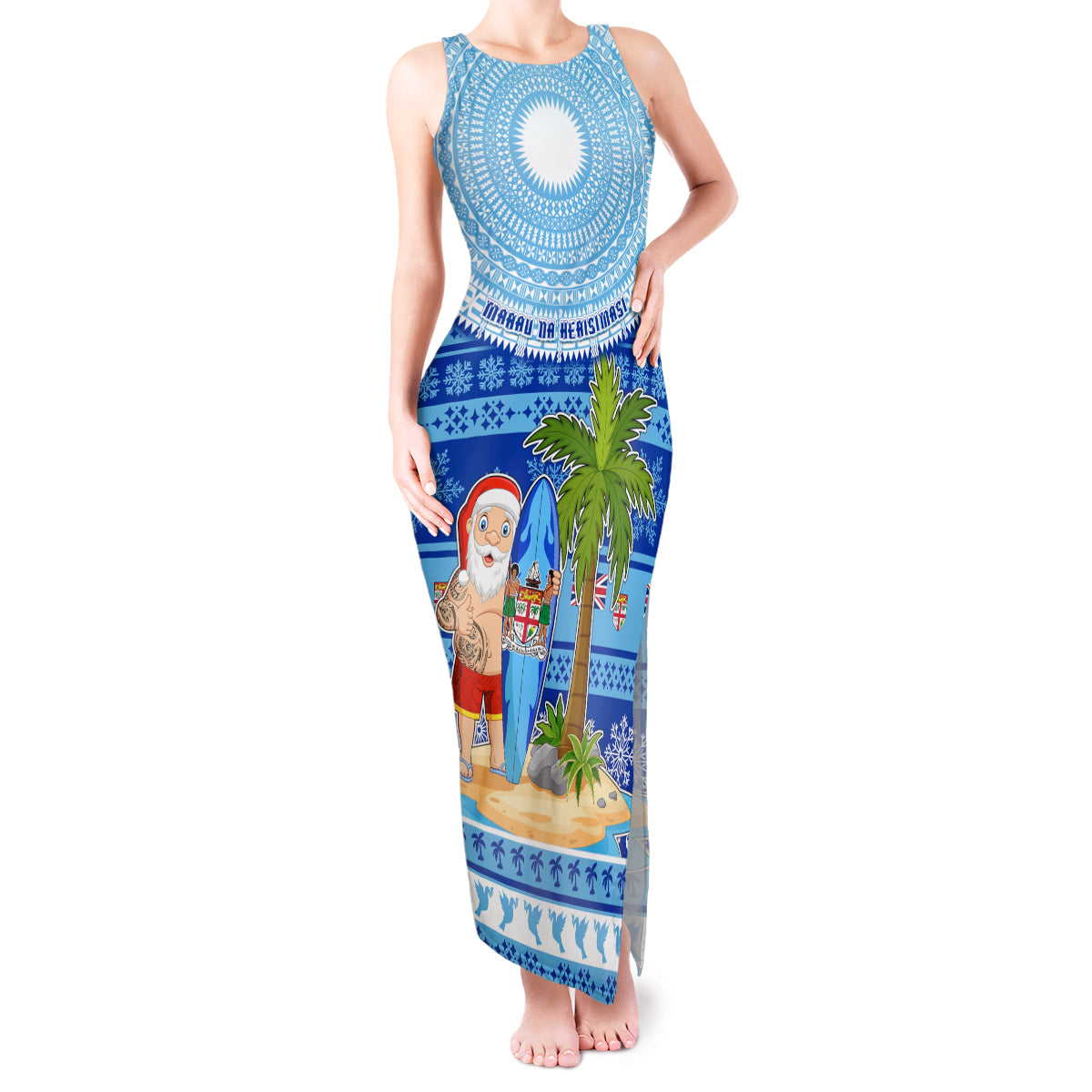 Personalized Fiji Christmas Tank Maxi Dress Santa Claus Surf Marau Na Kerisimasi LT05 Women Blue - Polynesian Pride