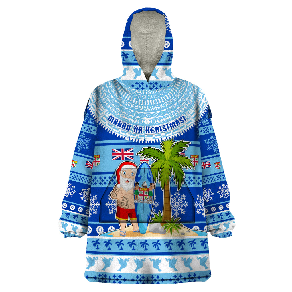 Personalized Fiji Christmas Wearable Blanket Hoodie Santa Claus Surf Marau Na Kerisimasi LT05 One Size Blue - Polynesian Pride