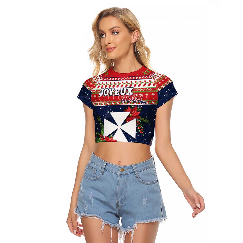 Wallis and Futuna Christmas Raglan Cropped T Shirt Poinsettia Joyeux Noel