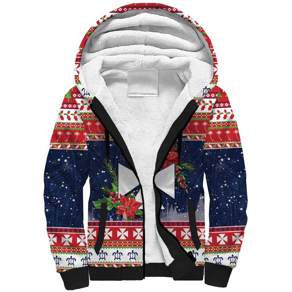 Wallis and Futuna Christmas Sherpa Hoodie Poinsettia Joyeux Noel