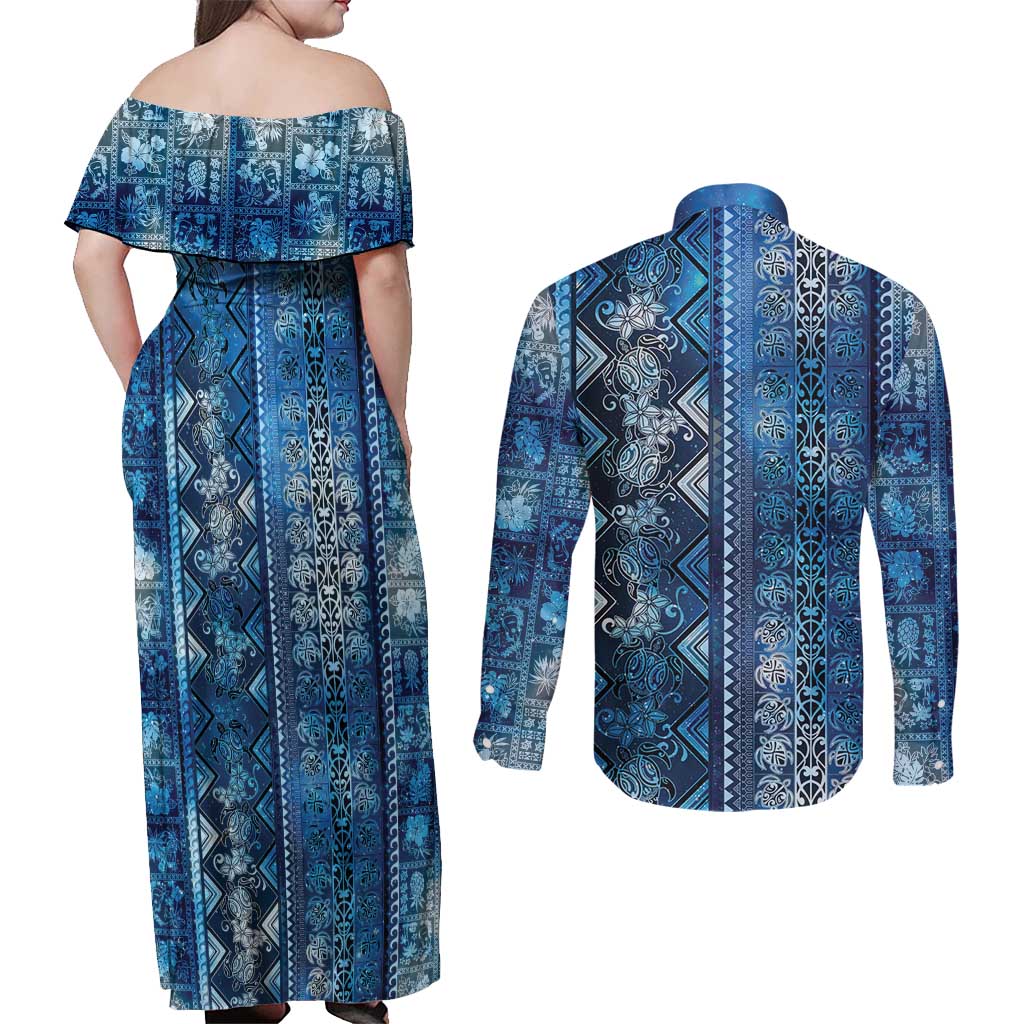 Hawaii Makahiki Turtle Couples Matching Off Shoulder Maxi Dress and Long Sleeve Button Shirt Galaxy Tapa Pattern LT05 - Polynesian Pride