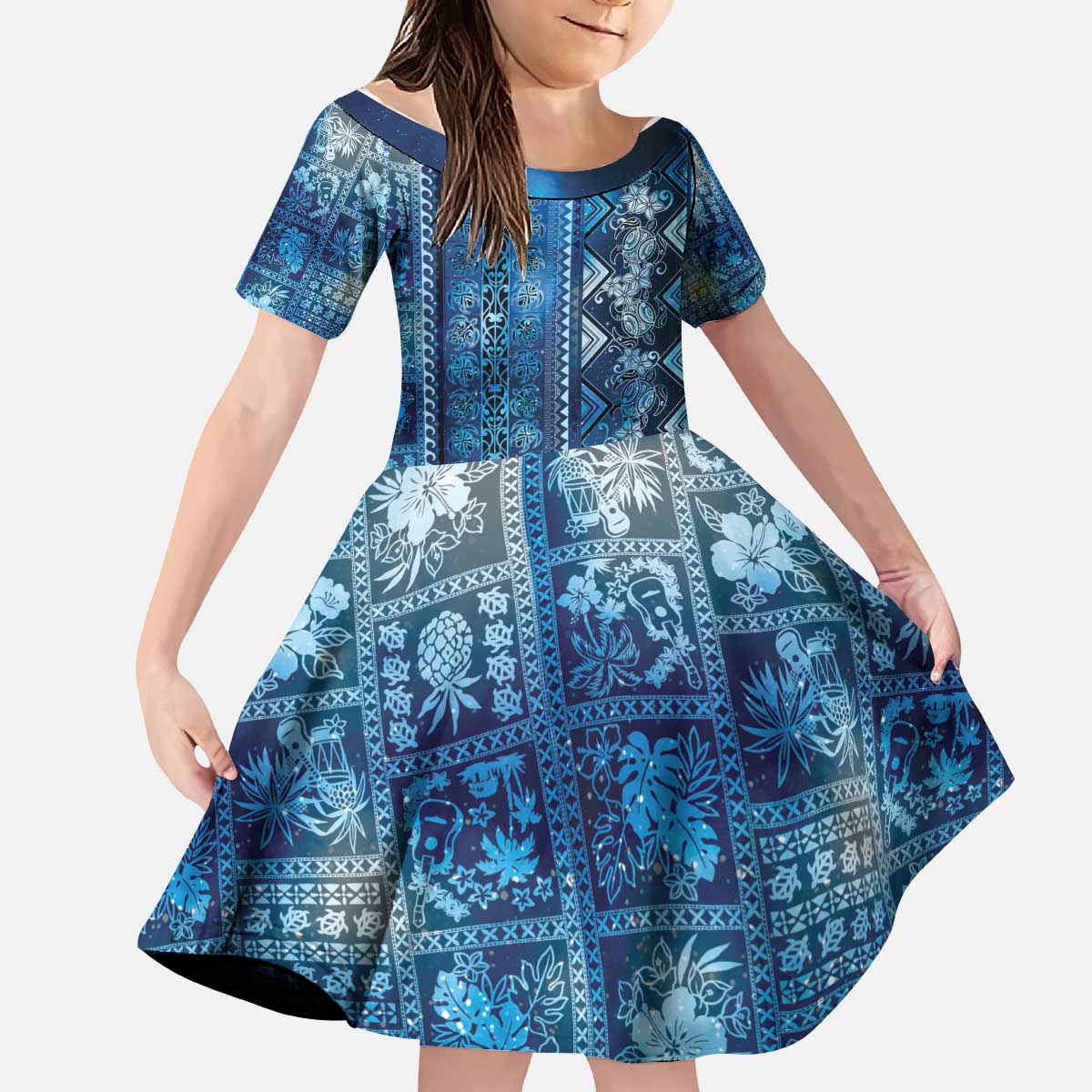 Hawaii Makahiki Turtle Kid Short Sleeve Dress Galaxy Tapa Pattern LT05 KID Galaxy - Polynesian Pride