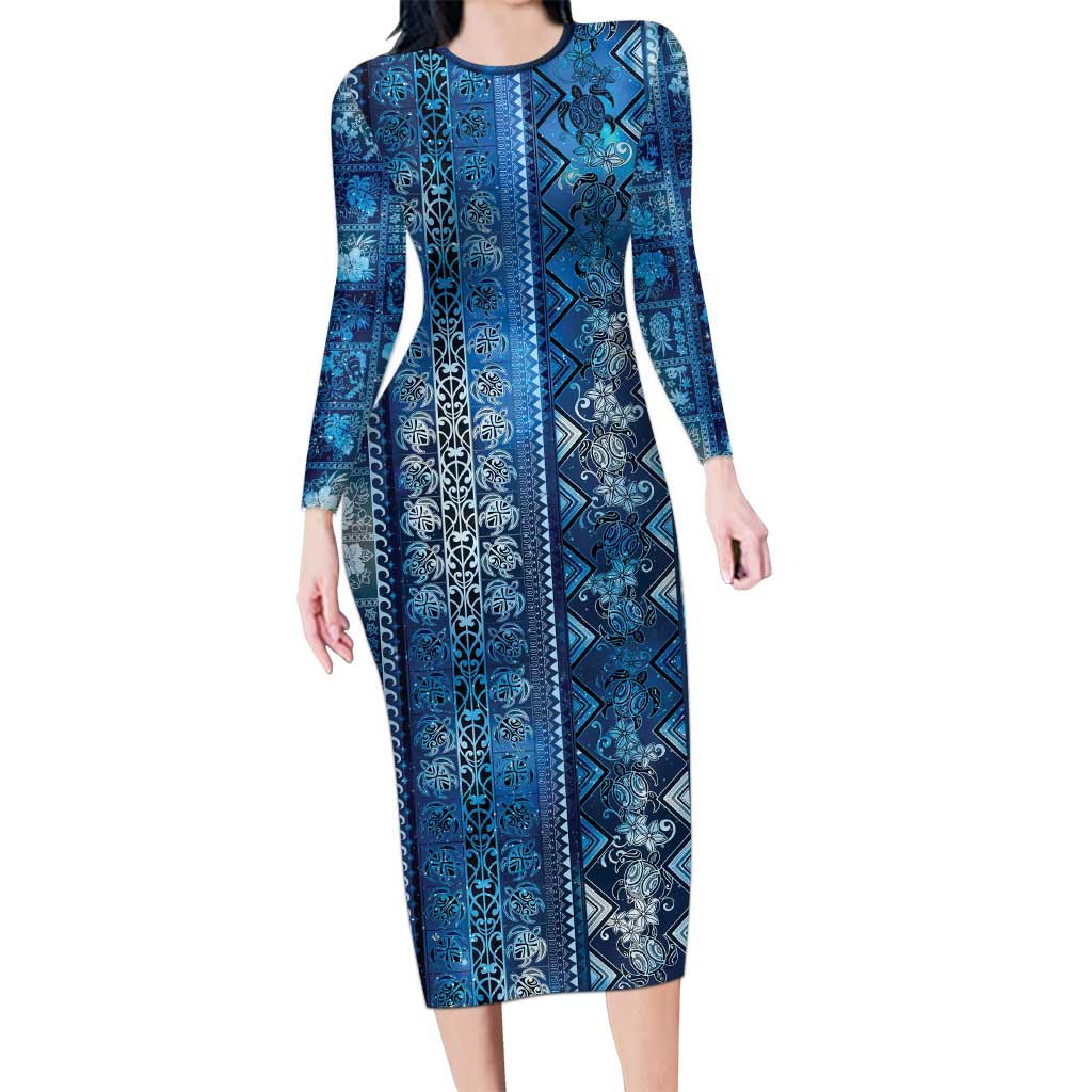Hawaii Makahiki Turtle Long Sleeve Bodycon Dress Galaxy Tapa Pattern