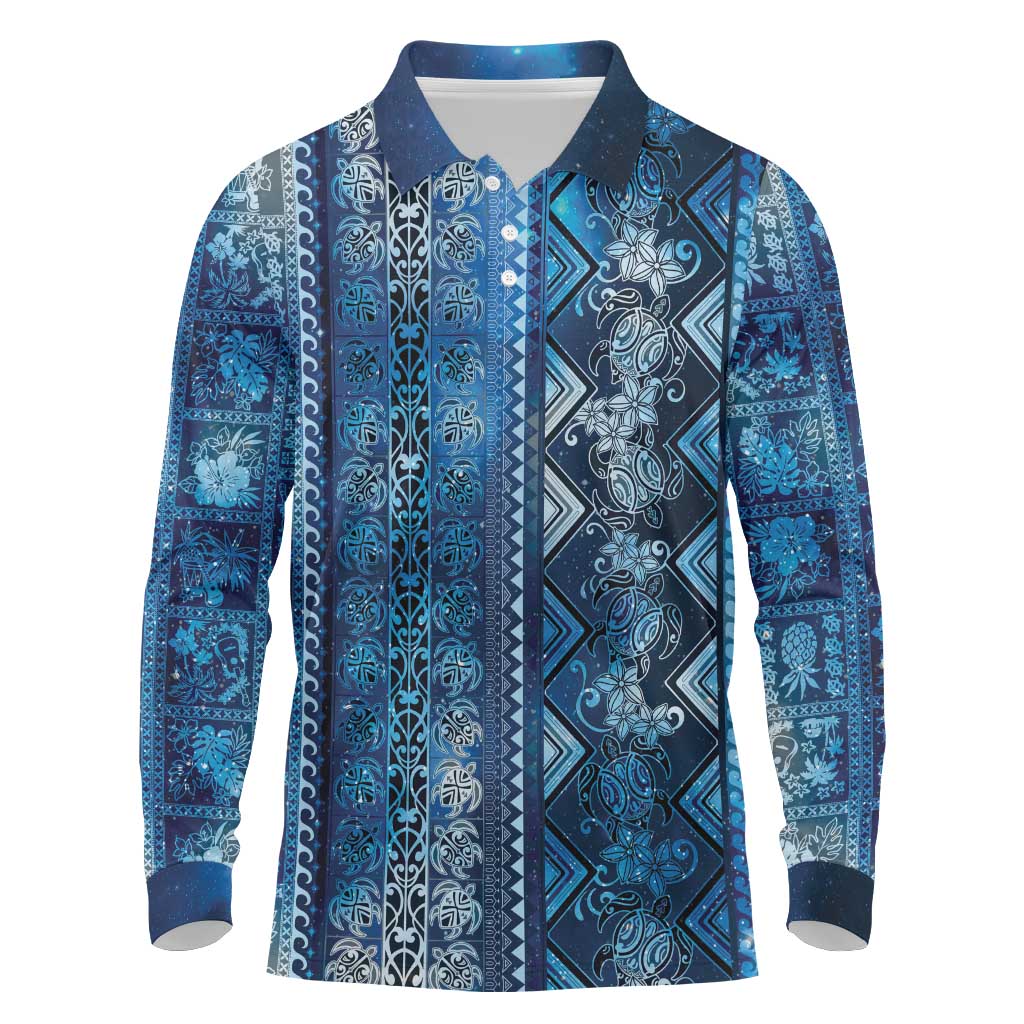 Hawaii Makahiki Turtle Long Sleeve Polo Shirt Galaxy Tapa Pattern LT05 Galaxy - Polynesian Pride