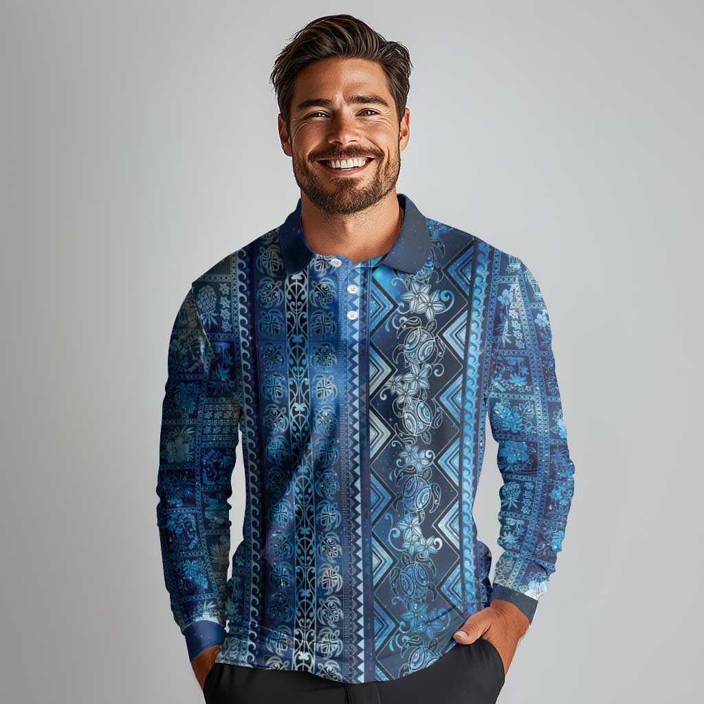 Hawaii Makahiki Turtle Long Sleeve Polo Shirt Galaxy Tapa Pattern LT05 - Polynesian Pride