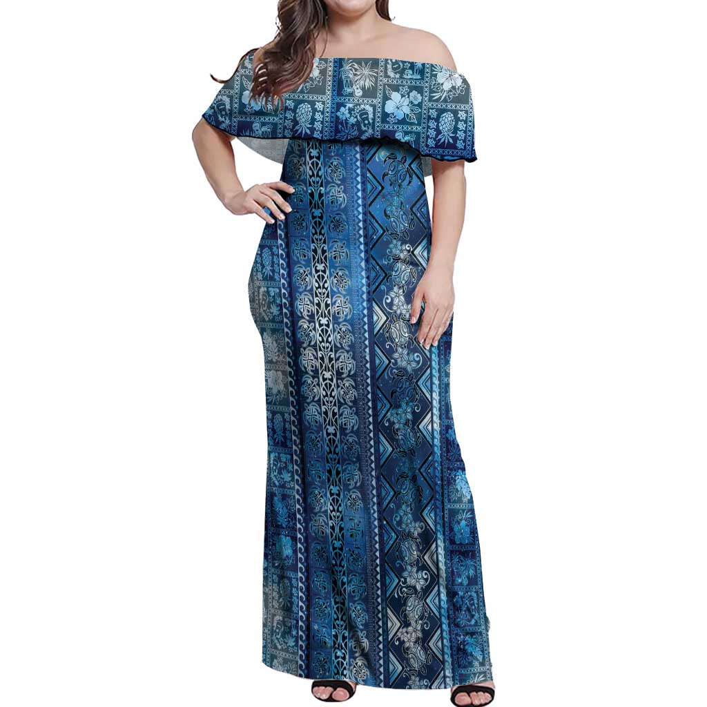 Hawaii Makahiki Turtle Off Shoulder Maxi Dress Galaxy Tapa Pattern LT05 Women Galaxy - Polynesian Pride