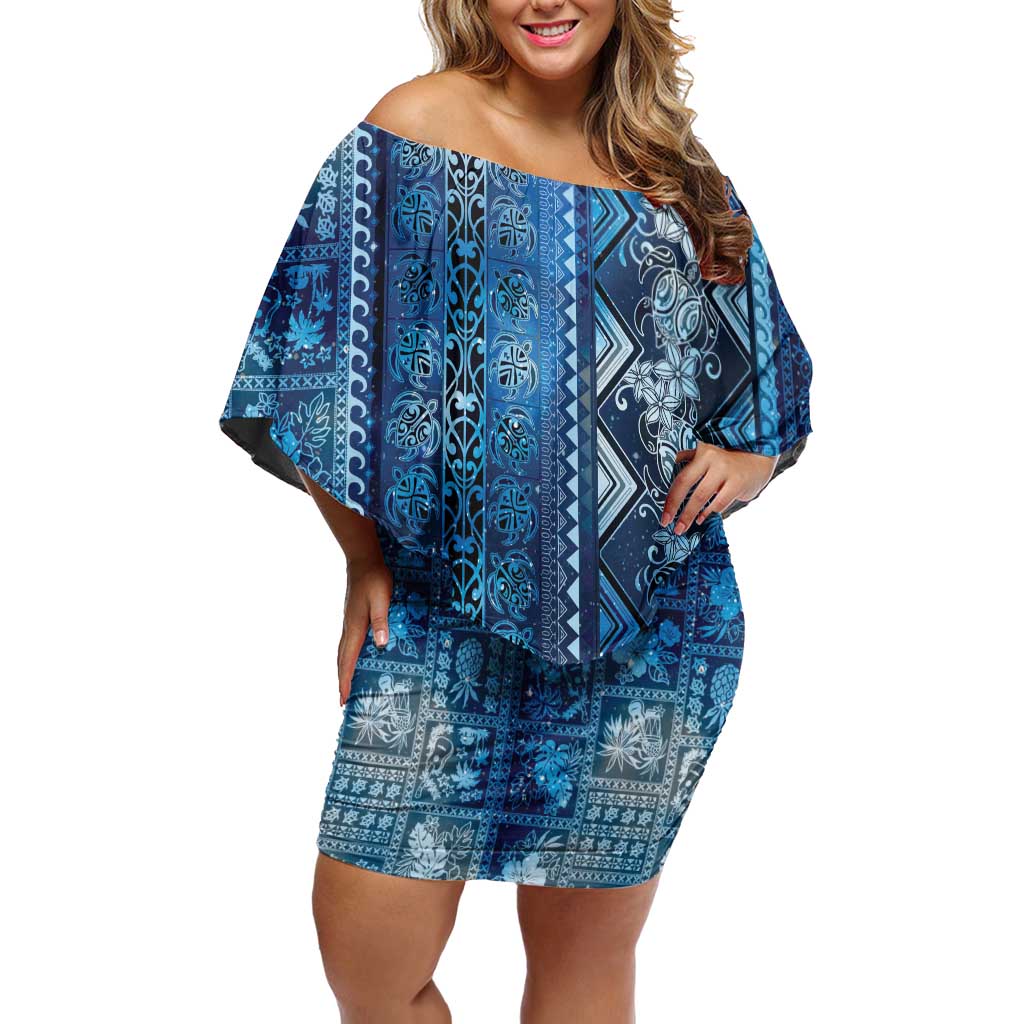 Hawaii Makahiki Turtle Off Shoulder Short Dress Galaxy Tapa Pattern LT05 Women Galaxy - Polynesian Pride