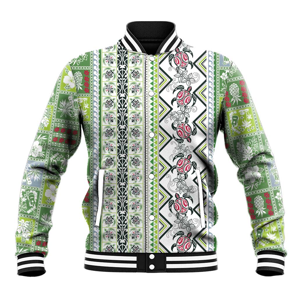 Hawaii Makahiki Turtle Baseball Jacket Green Tapa Pattern LT05 Unisex Green - Polynesian Pride