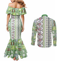 Hawaii Makahiki Turtle Couples Matching Mermaid Dress and Long Sleeve Button Shirt Green Tapa Pattern LT05 - Polynesian Pride