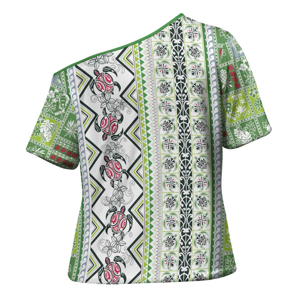 Hawaii Makahiki Turtle Cross Shoulder Shirt Green Tapa Pattern LT05 - Polynesian Pride