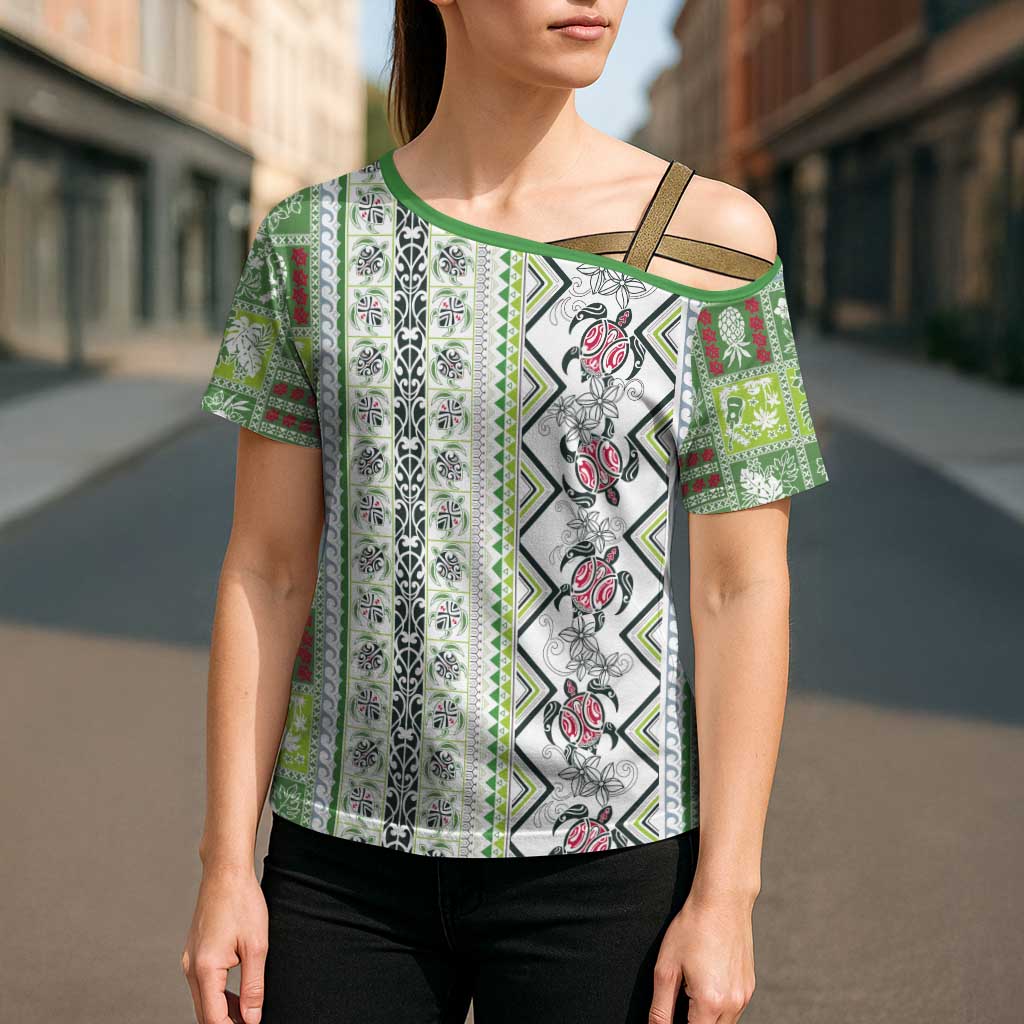 Hawaii Makahiki Turtle Cross Shoulder Shirt Green Tapa Pattern LT05 - Polynesian Pride