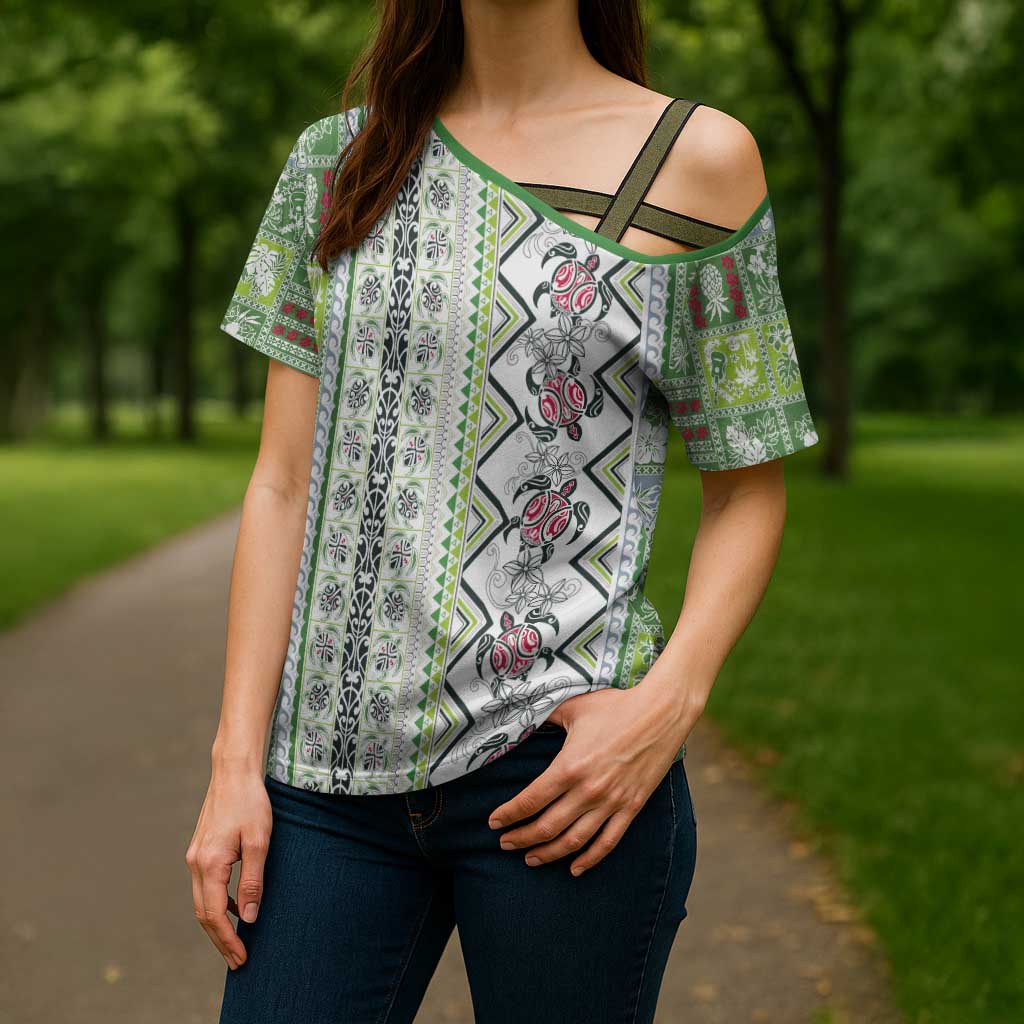 Hawaii Makahiki Turtle Cross Shoulder Shirt Green Tapa Pattern LT05 - Polynesian Pride