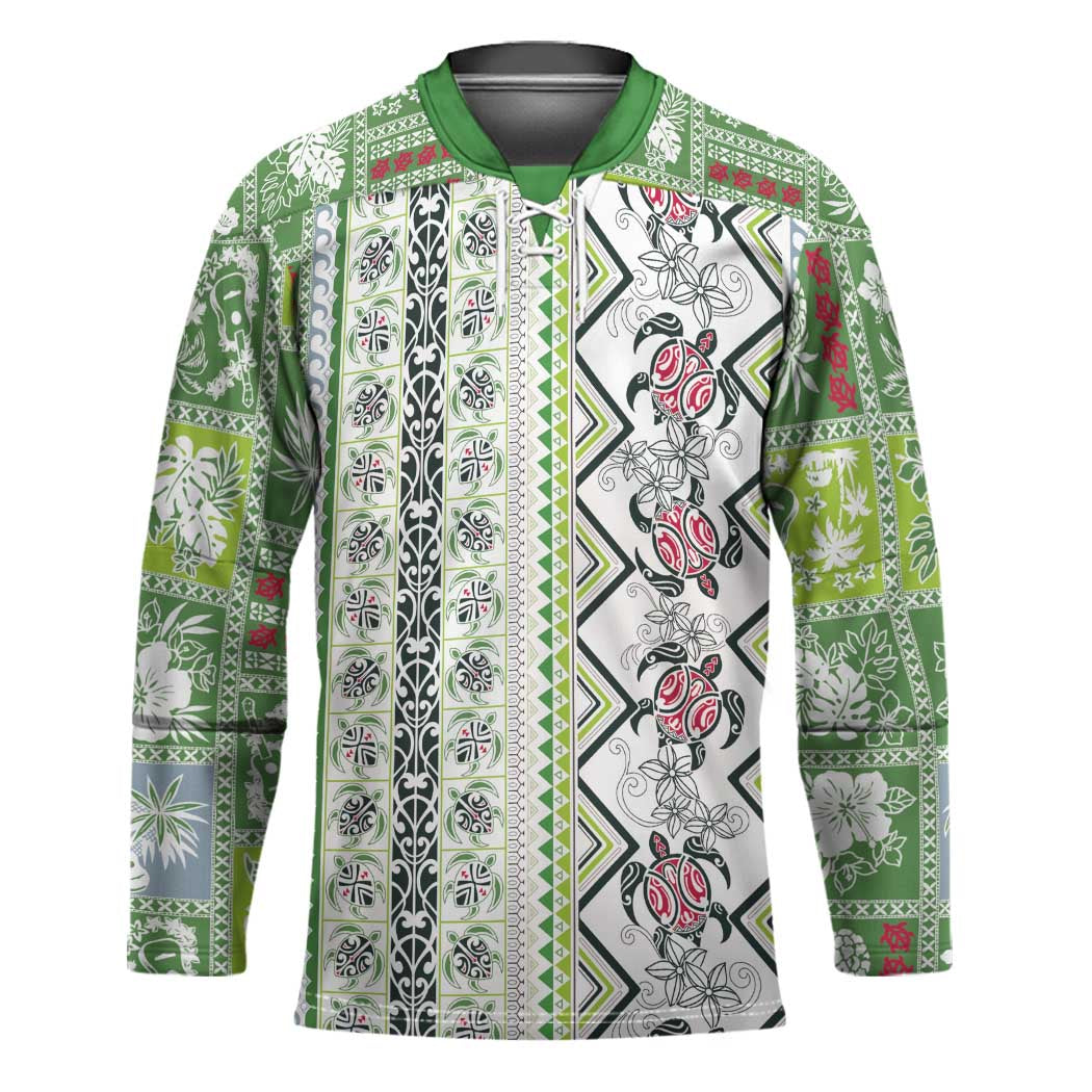 Hawaii Makahiki Turtle Hockey Jersey Green Tapa Pattern LT05 Unisex Green - Polynesian Pride