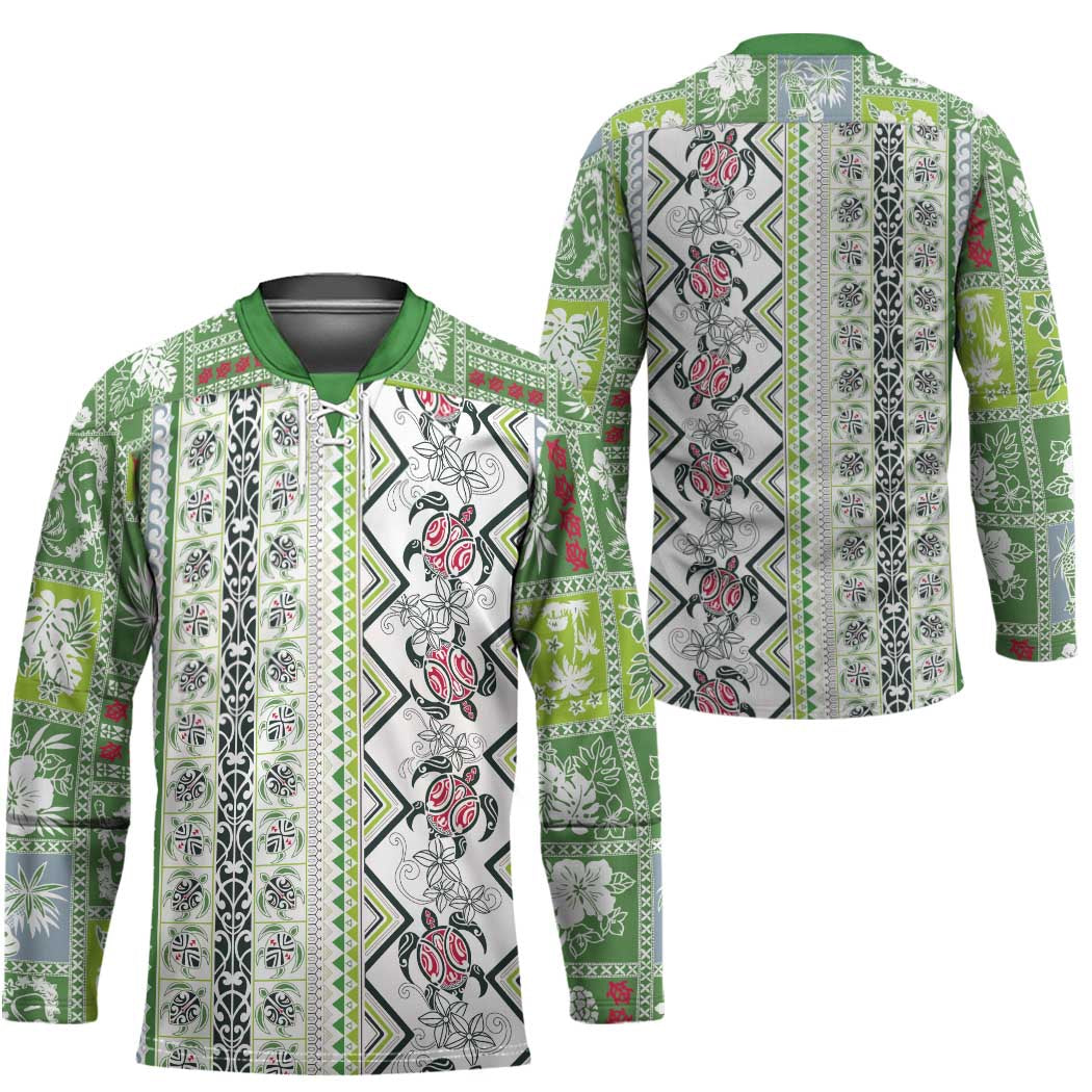 Hawaii Makahiki Turtle Hockey Jersey Green Tapa Pattern LT05 - Polynesian Pride