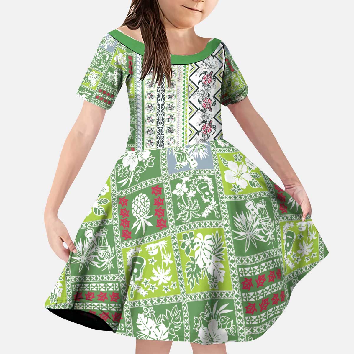 Hawaii Makahiki Turtle Kid Short Sleeve Dress Green Tapa Pattern LT05 KID Green - Polynesian Pride
