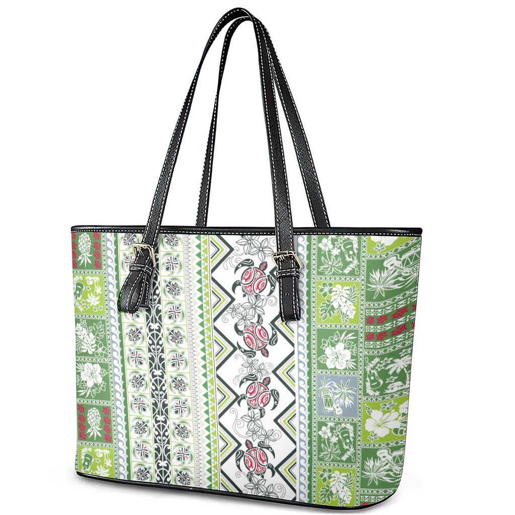 Hawaii Makahiki Turtle Leather Tote Bag Green Tapa Pattern LT05 - Polynesian Pride