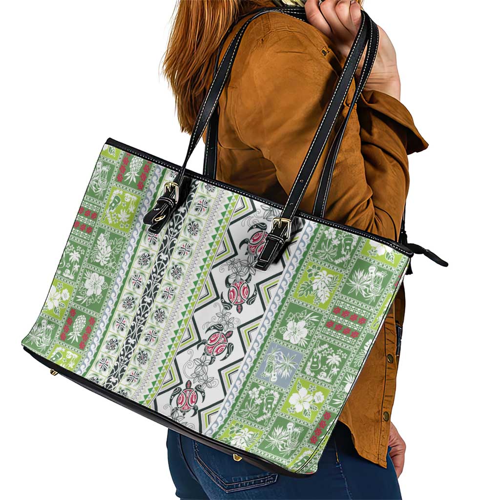 Hawaii Makahiki Turtle Leather Tote Bag Green Tapa Pattern LT05 - Polynesian Pride