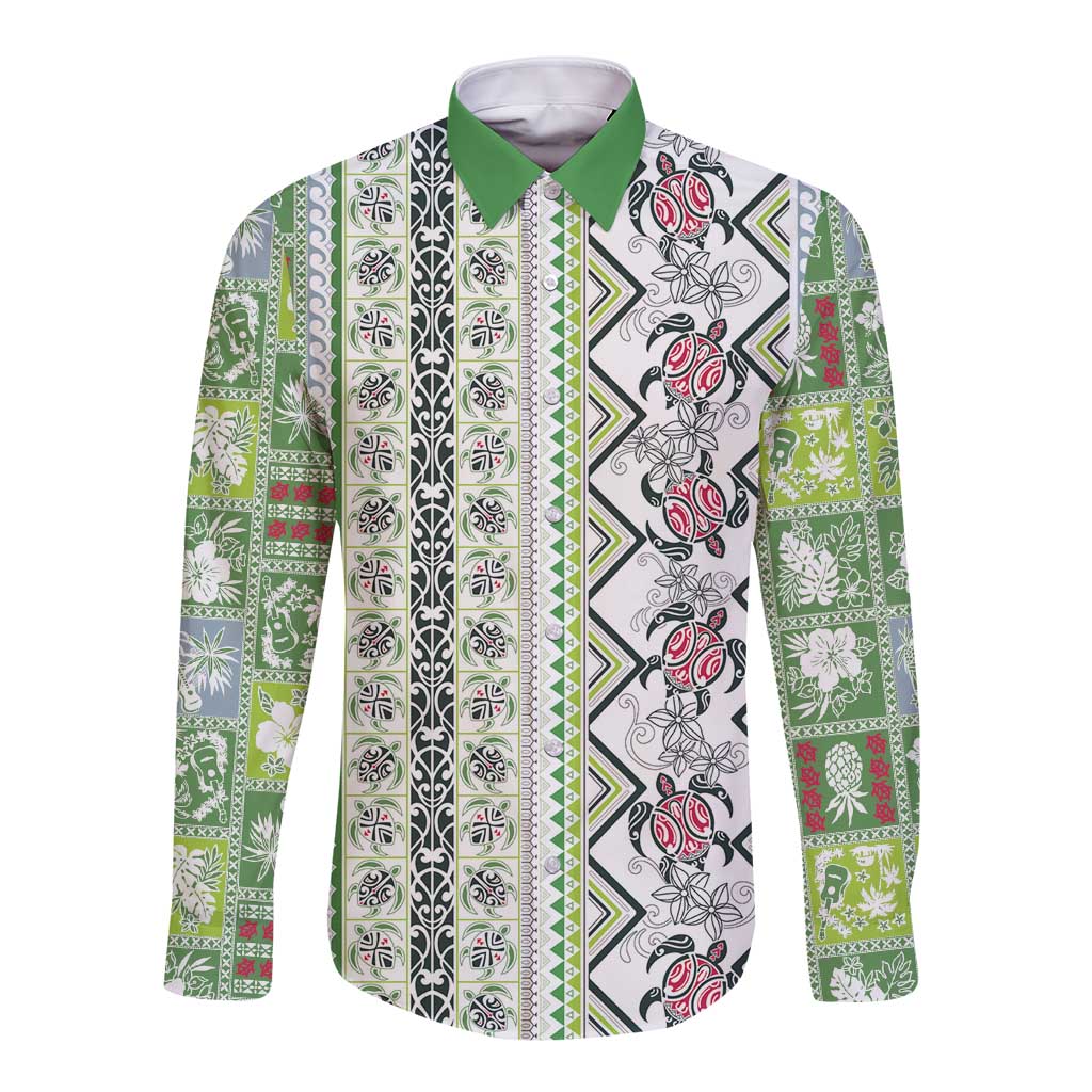 Hawaii Makahiki Turtle Long Sleeve Button Shirt Green Tapa Pattern LT05 Unisex Green - Polynesian Pride