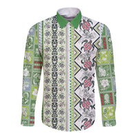 Hawaii Makahiki Turtle Long Sleeve Button Shirt Green Tapa Pattern LT05 Unisex Green - Polynesian Pride
