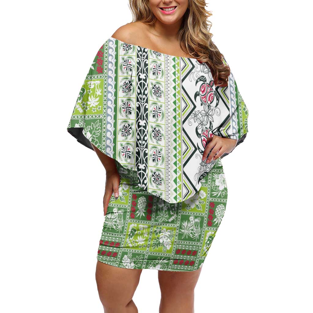 Hawaii Makahiki Turtle Off Shoulder Short Dress Green Tapa Pattern LT05 Women Green - Polynesian Pride
