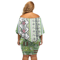 Hawaii Makahiki Turtle Off Shoulder Short Dress Green Tapa Pattern LT05 - Polynesian Pride