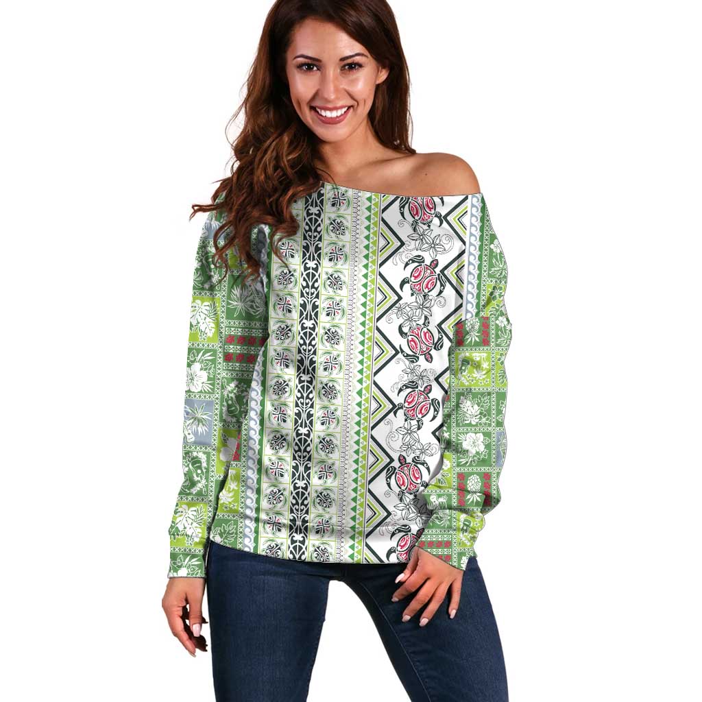Hawaii Makahiki Turtle Off Shoulder Sweater Green Tapa Pattern LT05 Women Green - Polynesian Pride