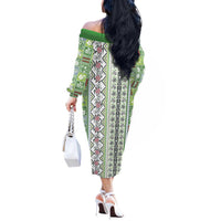 Hawaii Makahiki Turtle Off The Shoulder Long Sleeve Dress Green Tapa Pattern LT05 - Polynesian Pride