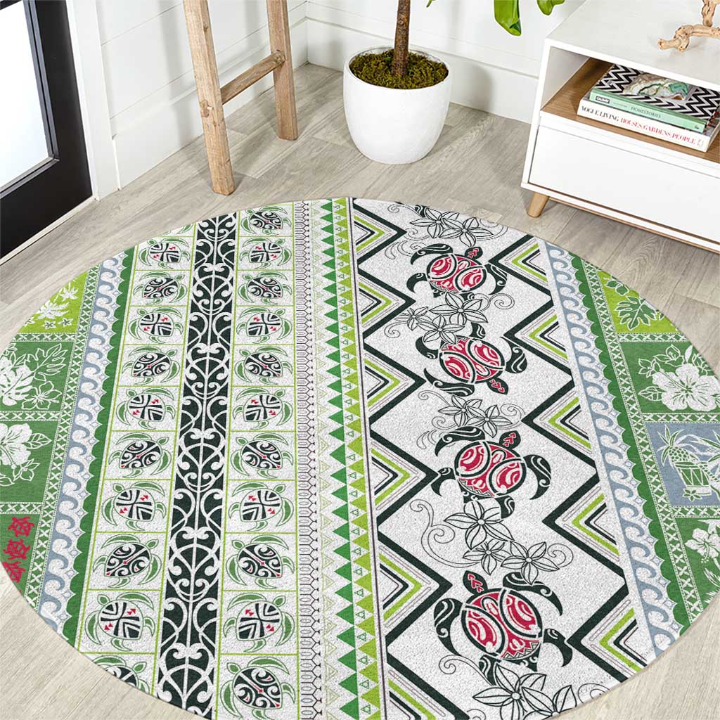 Hawaii Makahiki Turtle Round Carpet Green Tapa Pattern LT05 Green - Polynesian Pride