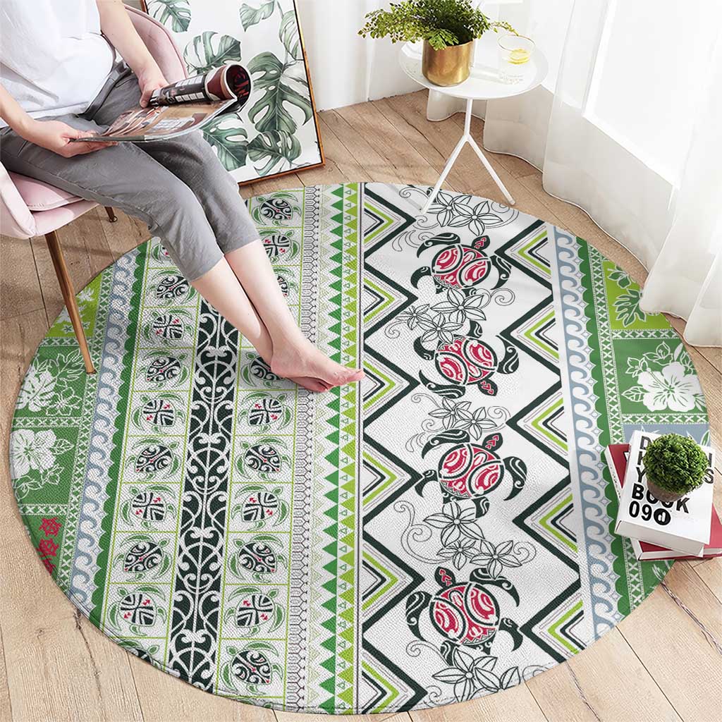 Hawaii Makahiki Turtle Round Carpet Green Tapa Pattern LT05 - Polynesian Pride