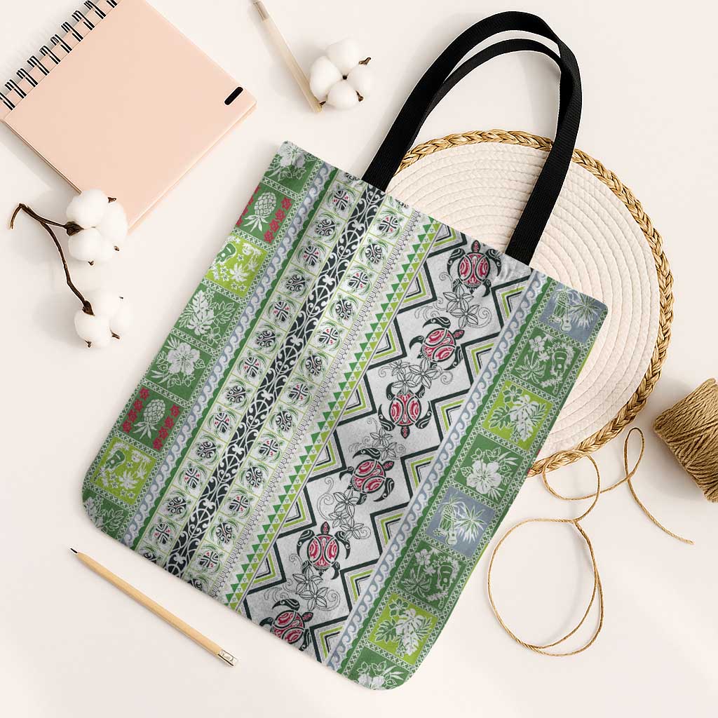 Hawaii Makahiki Turtle Tote Bag Green Tapa Pattern LT05 Black Strap One Size Green - Polynesian Pride