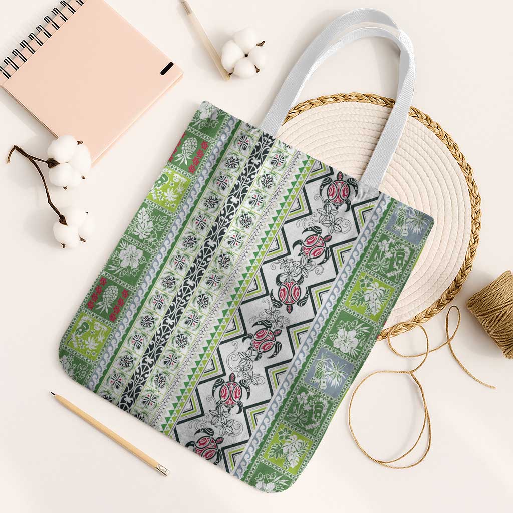 Hawaii Makahiki Turtle Tote Bag Green Tapa Pattern LT05 White Strap One Size Green - Polynesian Pride