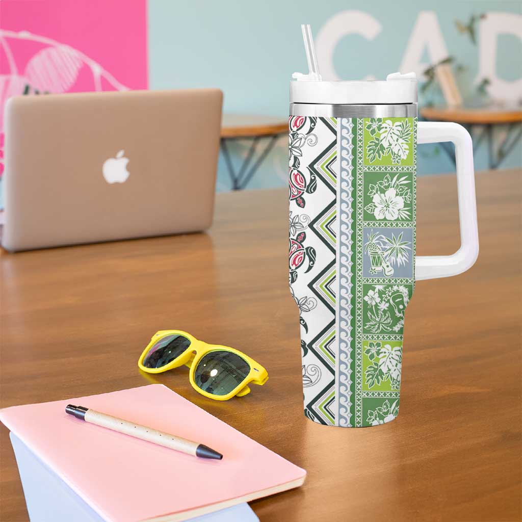 Hawaii Makahiki Turtle Tumbler With Handle Green Tapa Pattern LT05 - Polynesian Pride