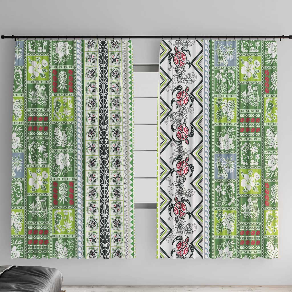 Hawaii Makahiki Turtle Window Curtain Green Tapa Pattern LT05 With Hooks Green - Polynesian Pride