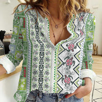 Hawaii Makahiki Turtle Women Casual Shirt Green Tapa Pattern LT05 Female Green - Polynesian Pride