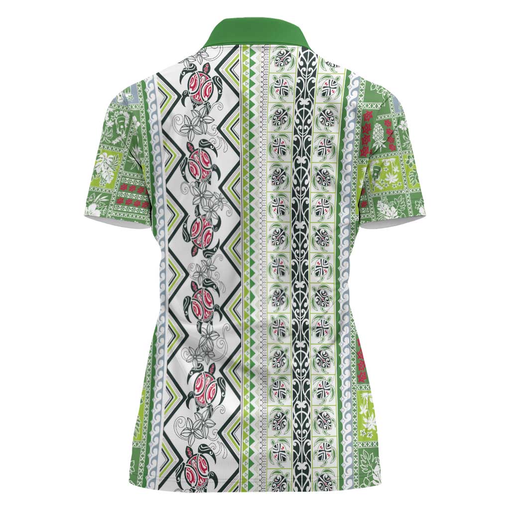 Hawaii Makahiki Turtle Women Polo Shirt Green Tapa Pattern LT05 - Polynesian Pride